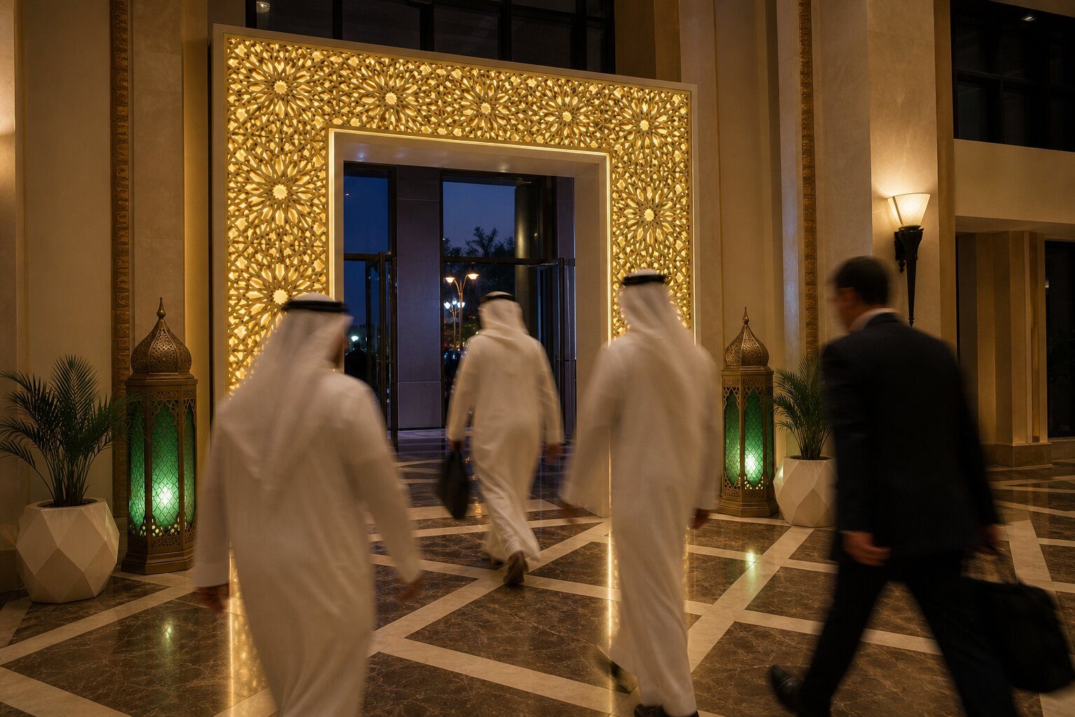 بوابة مدخل بتفريغ هندسي ذهبي مضاء في لوبي فندق أثناء رمضان