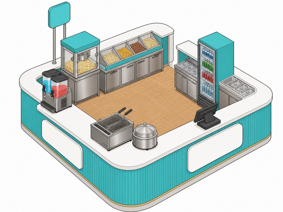 Coloured technical drawing of a food kiosk: the wrap-around counter, the service equipment and the chilled display unit